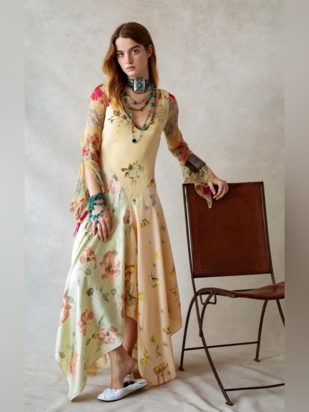 Ralph Lauren Silk Cream Floral Printed Asymmetric Hem Maxi Dress 10 NEW FLAWED